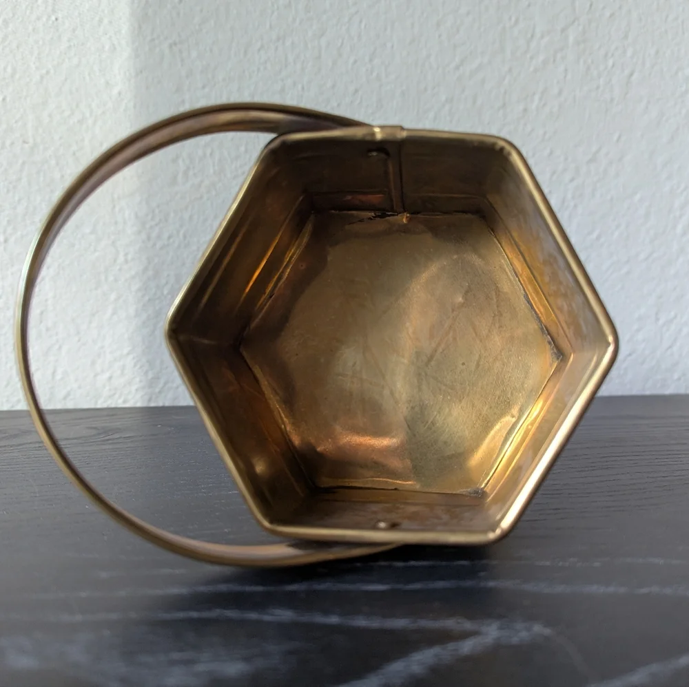 Vintage Solid Brass Small Hexagon Basket W/ Fold Down Handle 2.5'' X 4